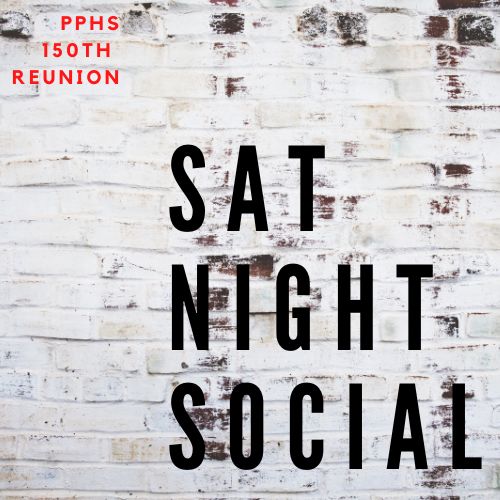 grey and black background with Saturday Social text